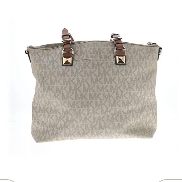 Michael Kors Signature MK Monogram Tote Bag Beige Brown Leather Accents